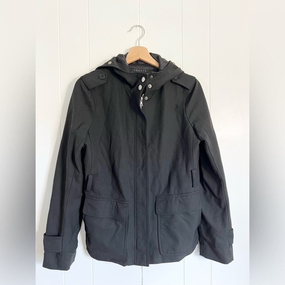 Theory hooded jacket black coat zip up casual fall winter warm cozy